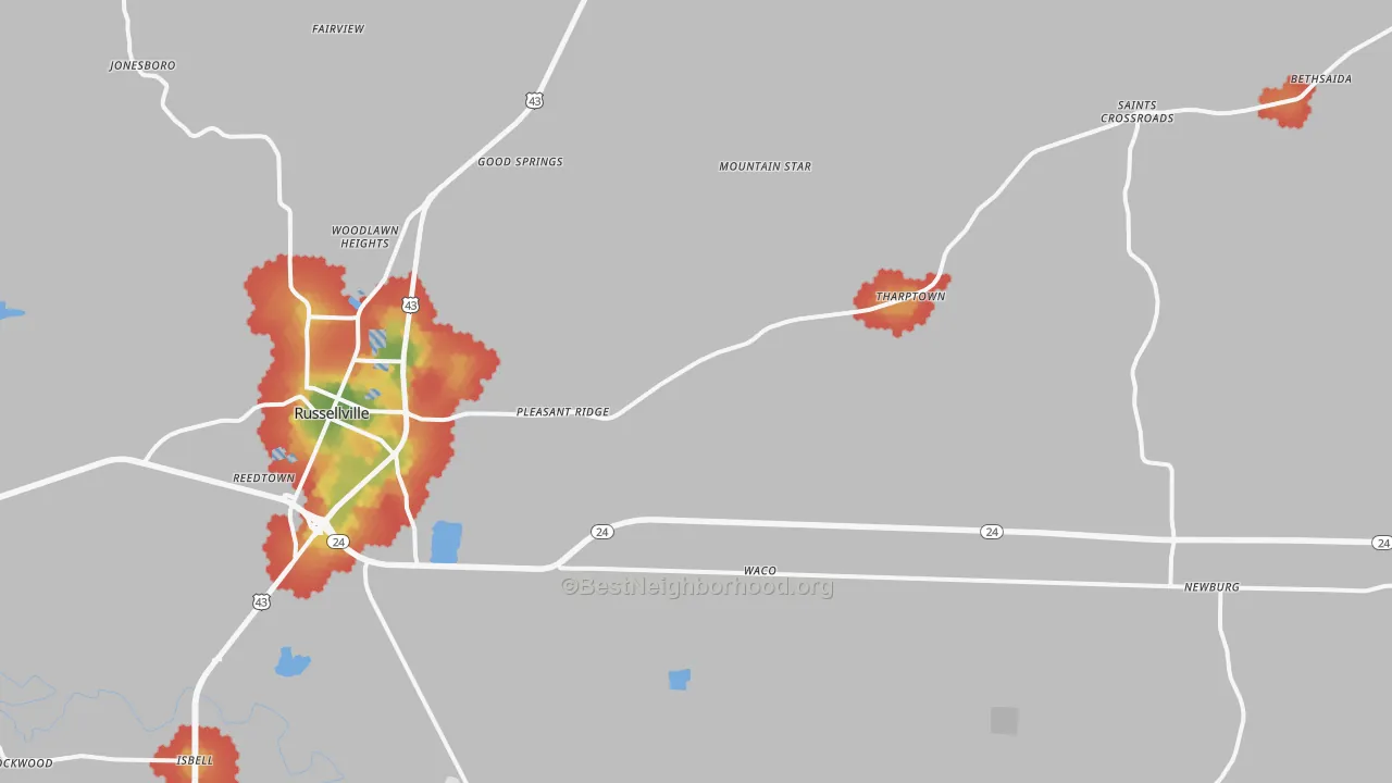 Walk Grade map of 35654, AL, walkable areas in green and car-dependent areas in red