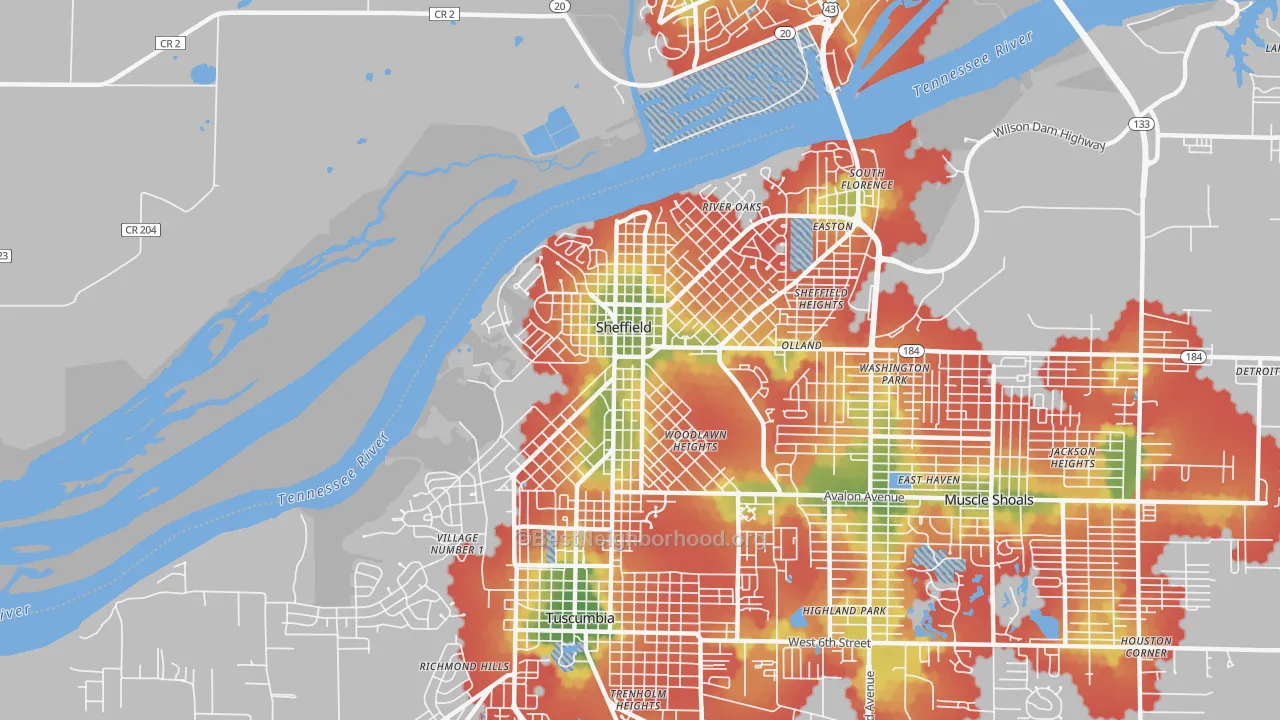 Walk Grade map of 35660, AL, walkable areas in green and car-dependent areas in red