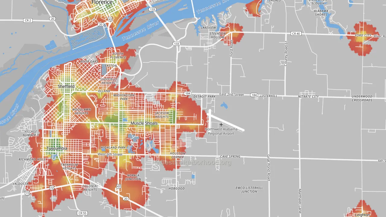Walk Grade map of 35661, AL, walkable areas in green and car-dependent areas in red