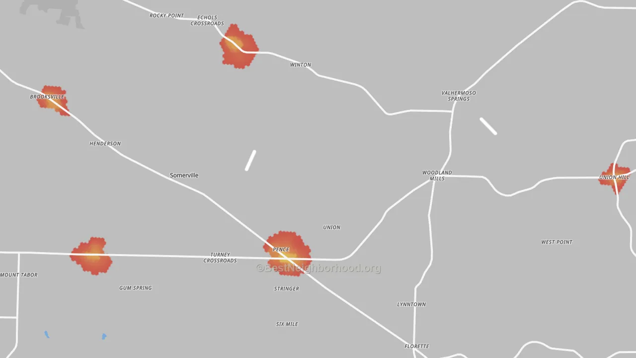Walk Grade map of 35670, AL, walkable areas in green and car-dependent areas in red