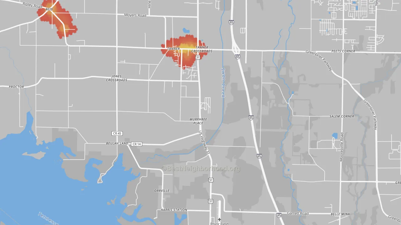 Walk Grade map of 35671, AL, walkable areas in green and car-dependent areas in red