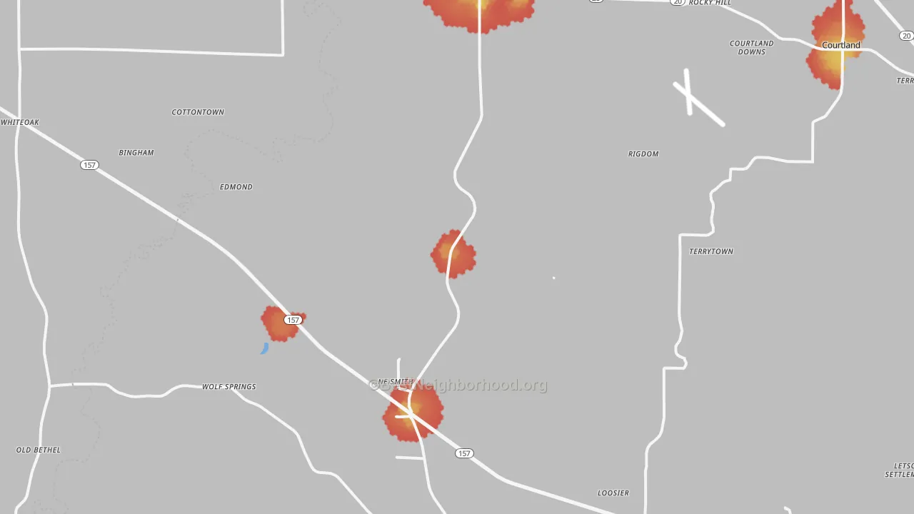 Walk Grade map of 35672, AL, walkable areas in green and car-dependent areas in red