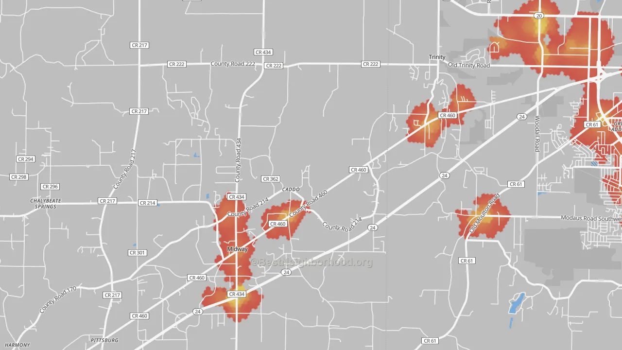 Walk Grade map of 35673, AL, walkable areas in green and car-dependent areas in red