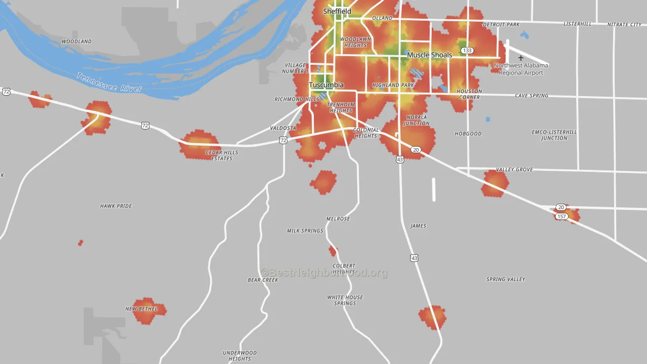 Walk Grade map of 35674, AL, walkable areas in green and car-dependent areas in red