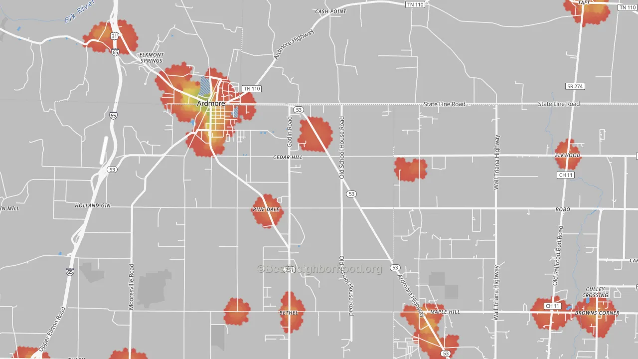 Walk Grade map of 35739, AL, walkable areas in green and car-dependent areas in red