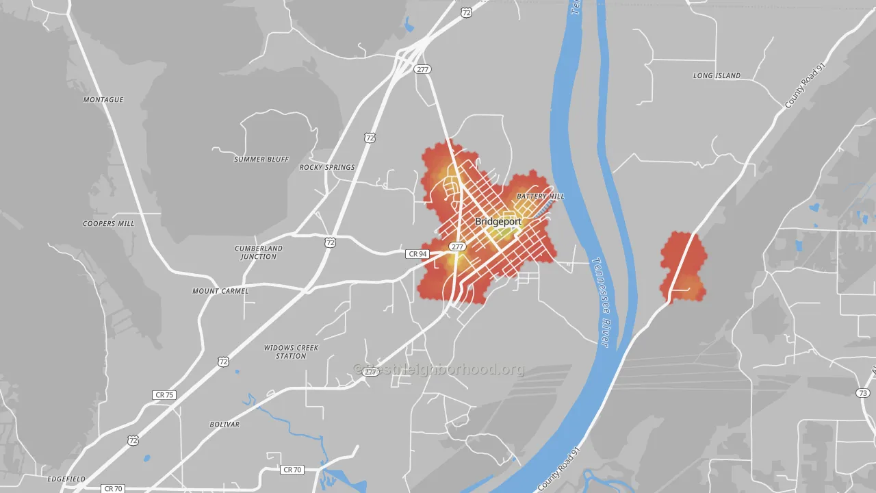 Walk Grade map of 35740, AL, walkable areas in green and car-dependent areas in red