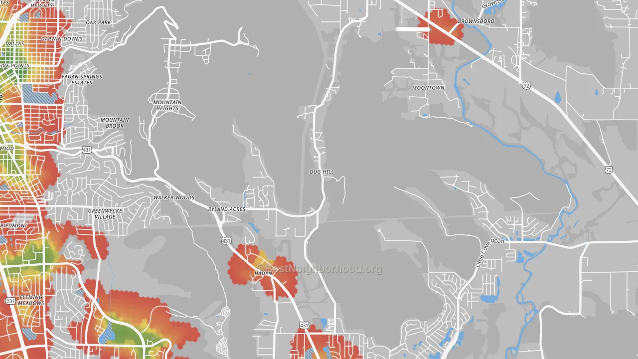 Walk Grade map of 35741, AL, walkable areas in green and car-dependent areas in red