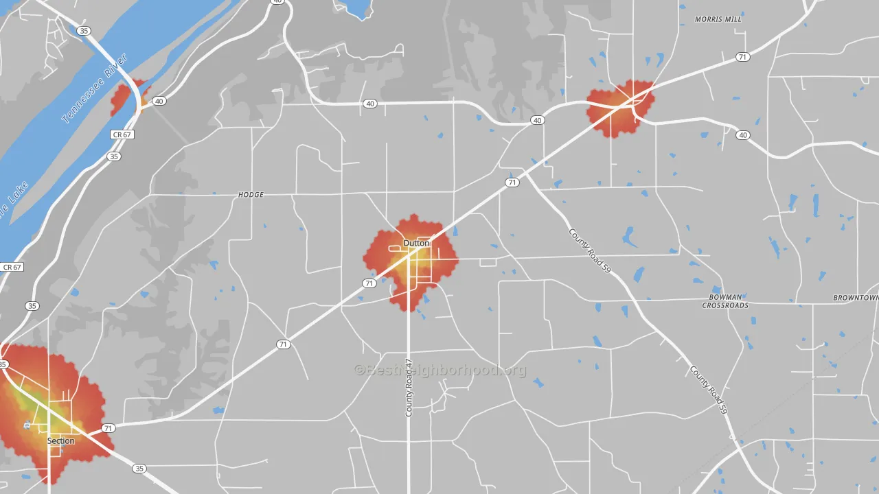 Walk Grade map of 35744, AL, walkable areas in green and car-dependent areas in red