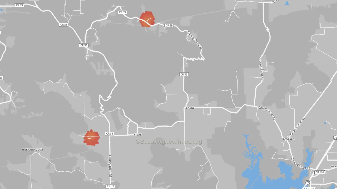 Walk Grade map of 35746, AL, walkable areas in green and car-dependent areas in red