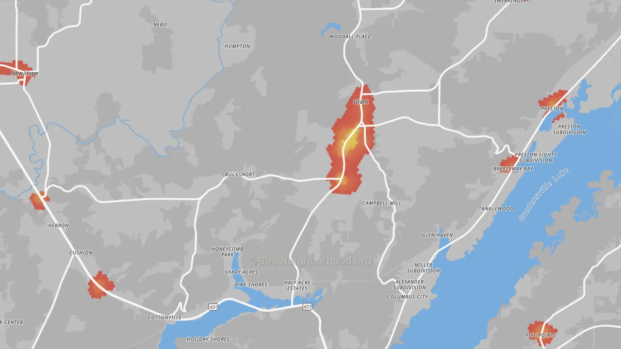 Walk Grade map of 35747, AL, walkable areas in green and car-dependent areas in red