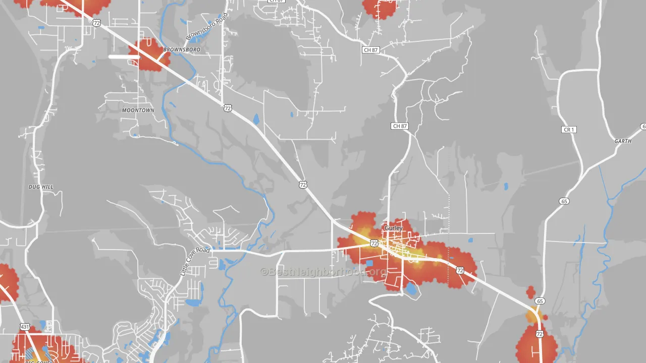 Walk Grade map of 35748, AL, walkable areas in green and car-dependent areas in red