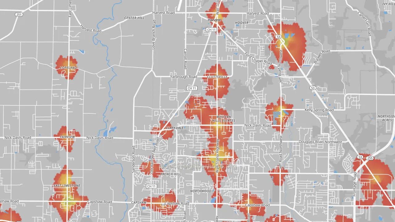 Walk Grade map of 35749, AL, walkable areas in green and car-dependent areas in red