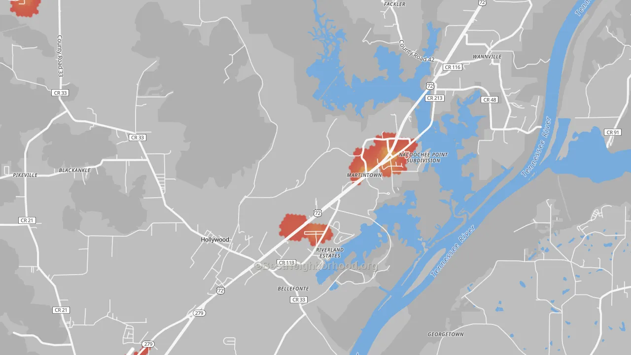 Walk Grade map of 35752, AL, walkable areas in green and car-dependent areas in red