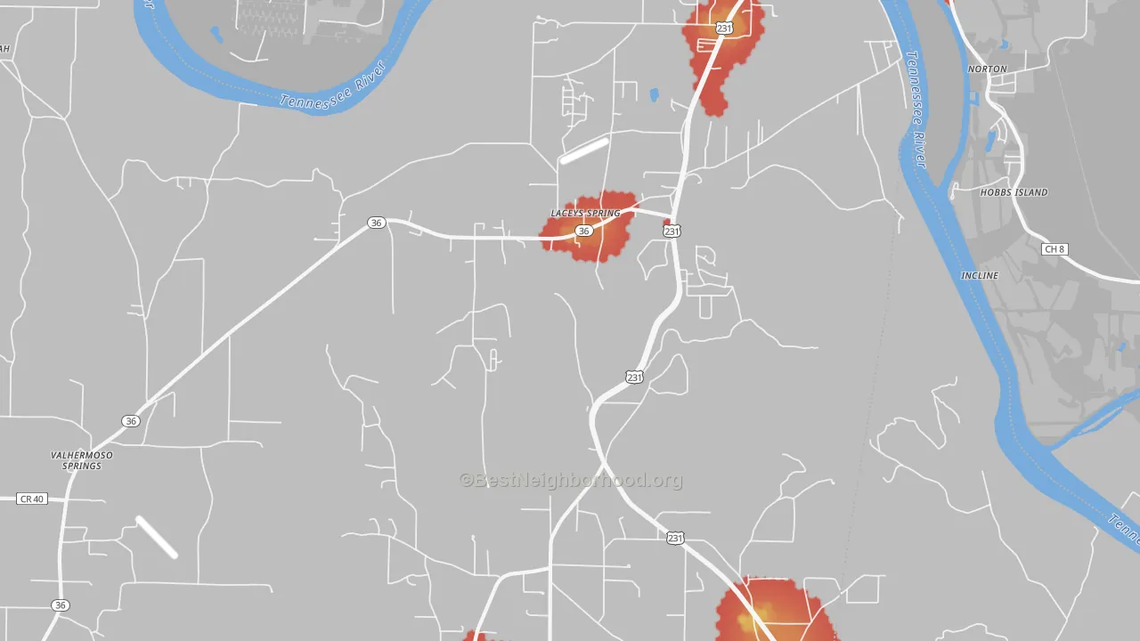 Walk Grade map of 35754, AL, walkable areas in green and car-dependent areas in red