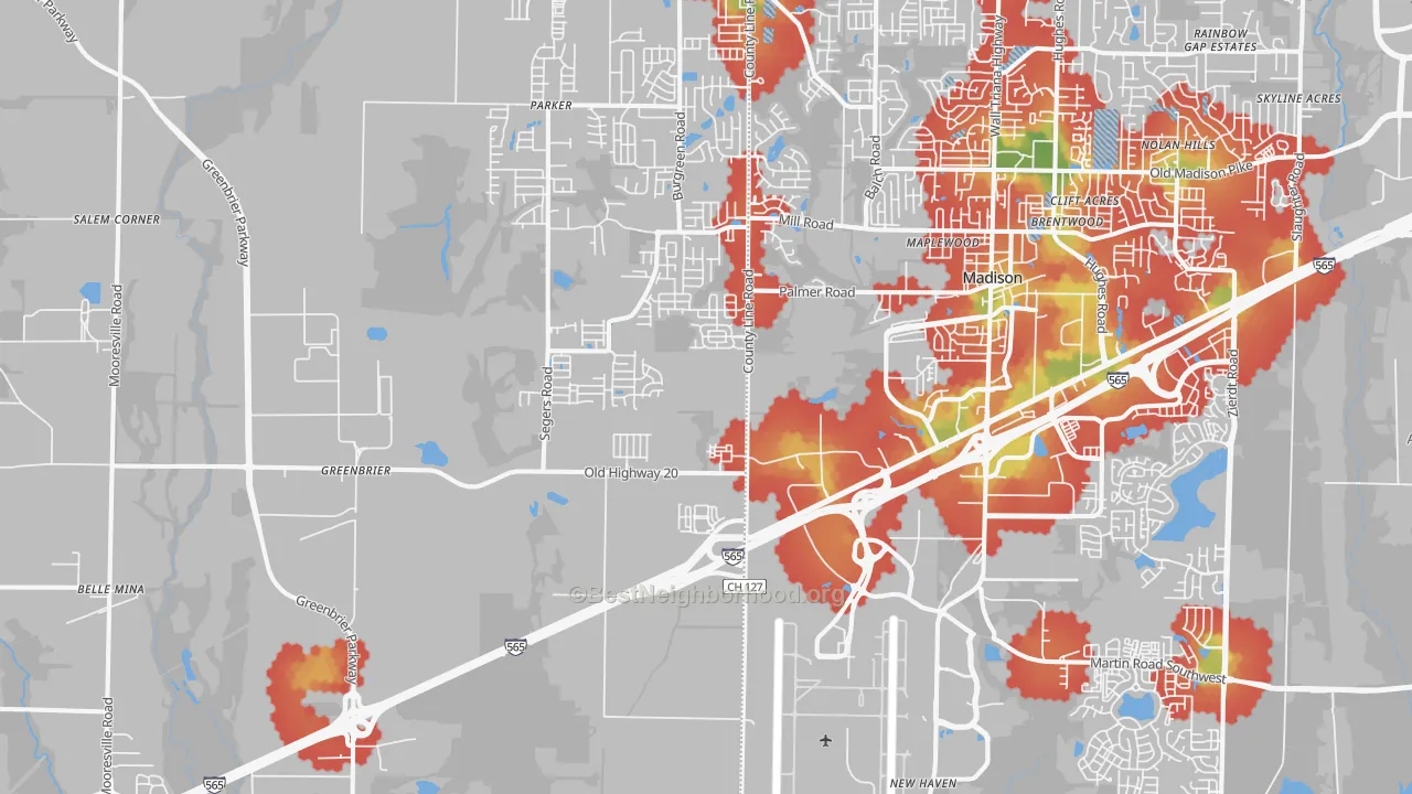 Walk Grade map of 35756, AL, walkable areas in green and car-dependent areas in red