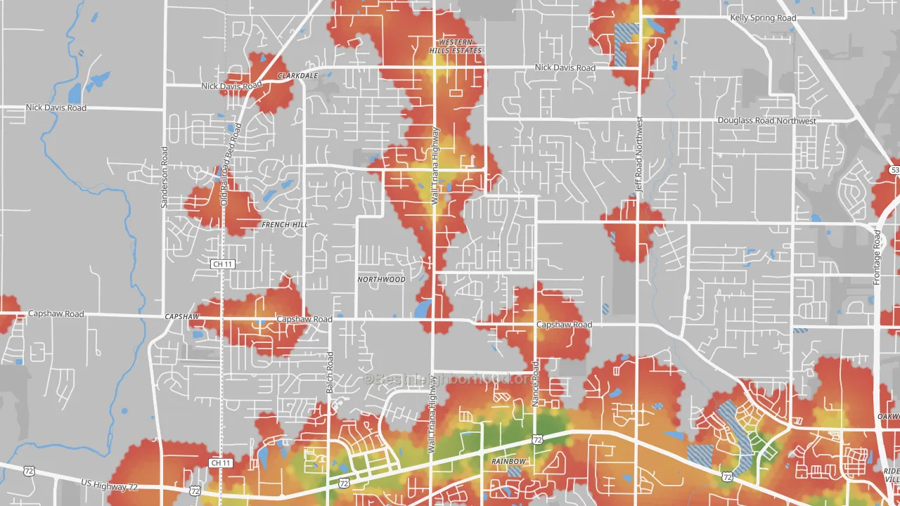 Walk Grade map of 35757, AL, walkable areas in green and car-dependent areas in red