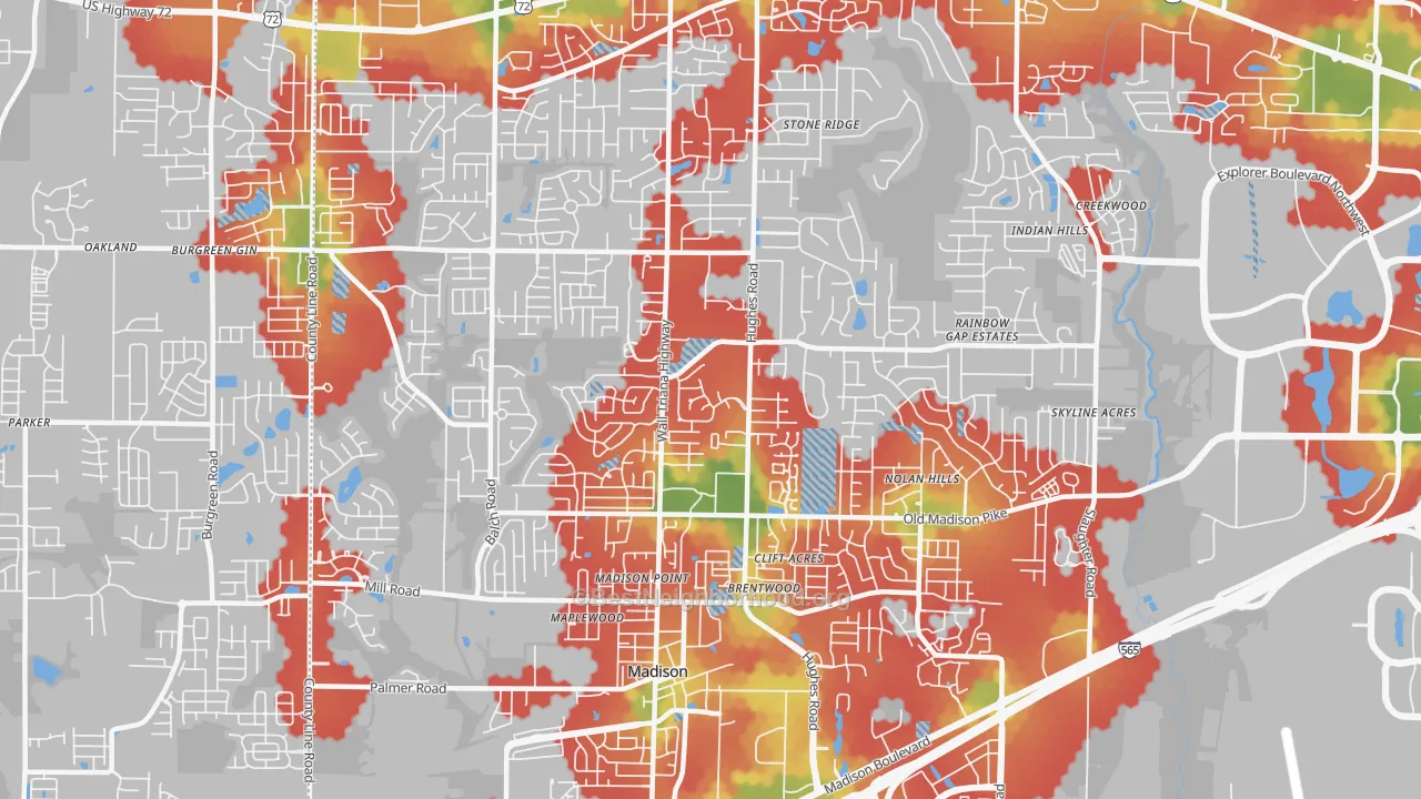 Walk Grade map of 35758, AL, walkable areas in green and car-dependent areas in red