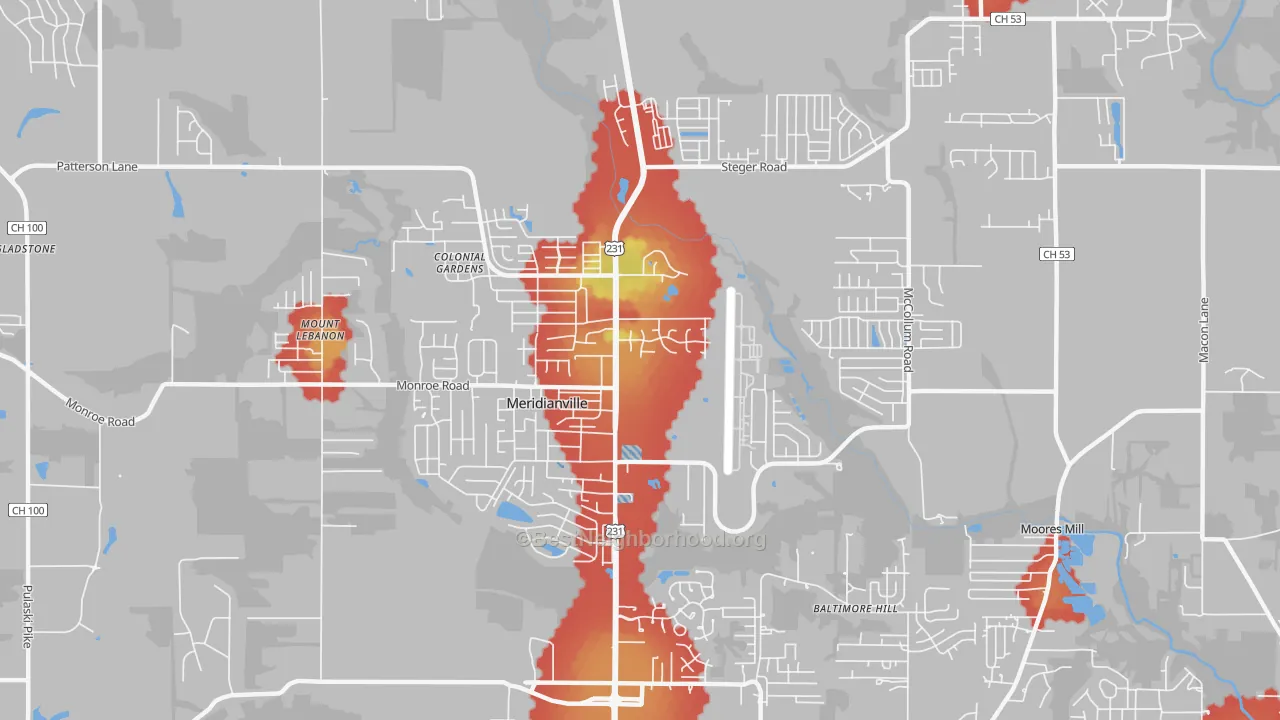 Walk Grade map of 35759, AL, walkable areas in green and car-dependent areas in red