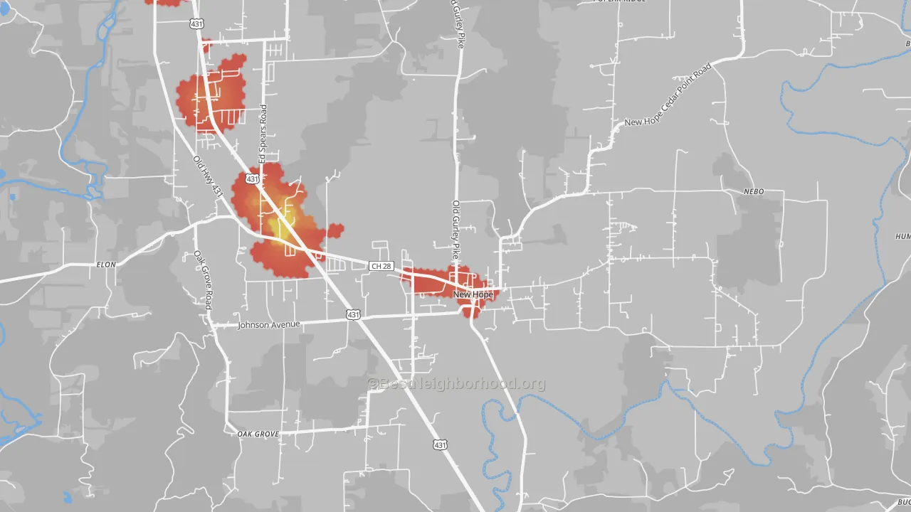 Walk Grade map of 35760, AL, walkable areas in green and car-dependent areas in red