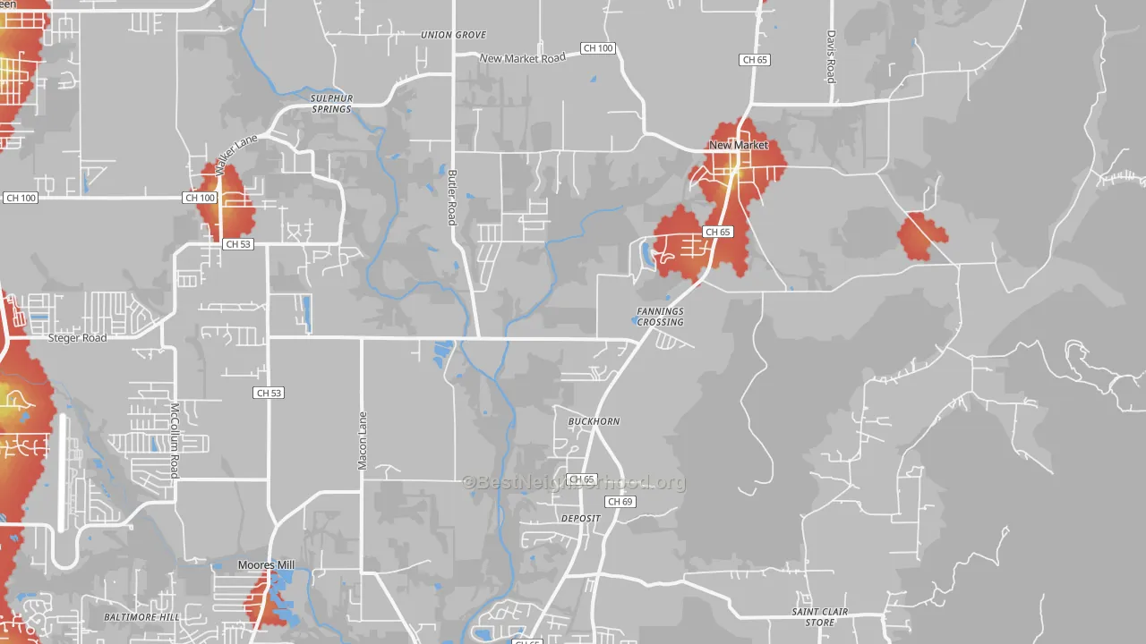 Walk Grade map of 35761, AL, walkable areas in green and car-dependent areas in red