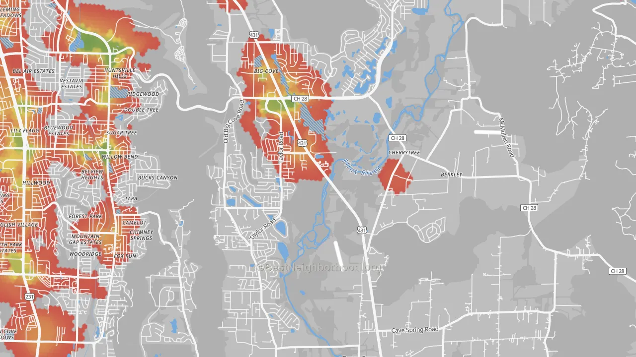 Walk Grade map of 35763, AL, walkable areas in green and car-dependent areas in red
