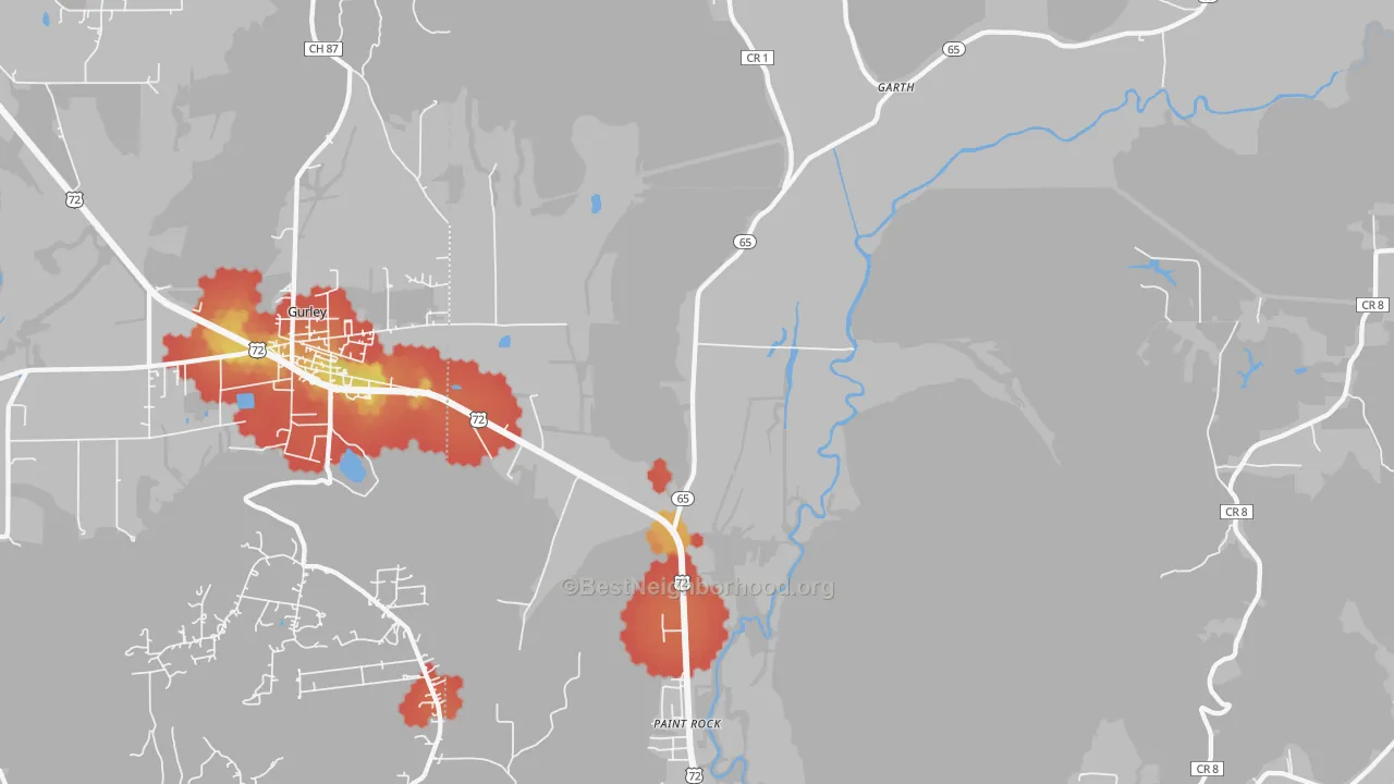 Walk Grade map of 35764, AL, walkable areas in green and car-dependent areas in red