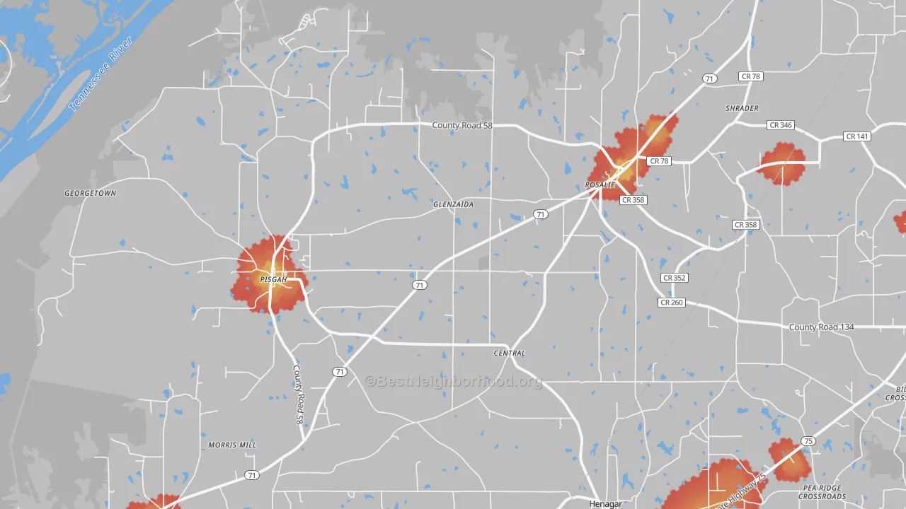 Walk Grade map of 35765, AL, walkable areas in green and car-dependent areas in red