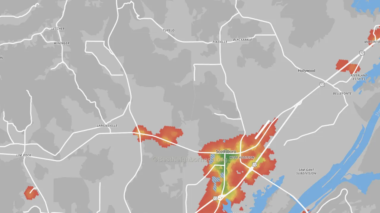 Walk Grade map of 35768, AL, walkable areas in green and car-dependent areas in red