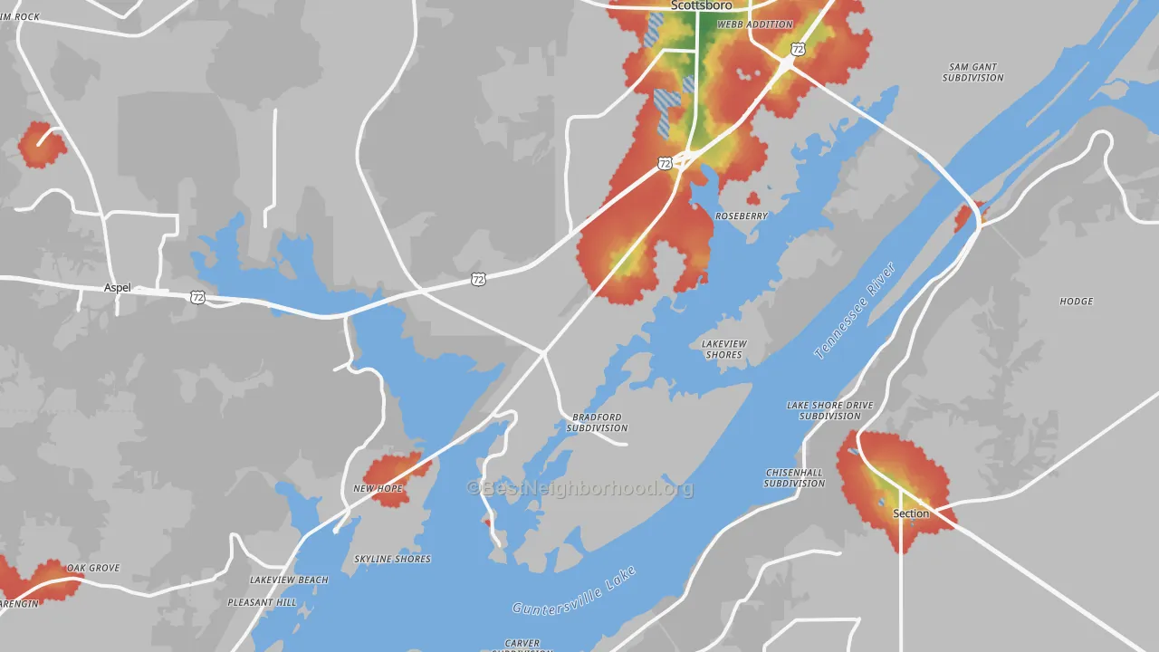 Walk Grade map of 35769, AL, walkable areas in green and car-dependent areas in red