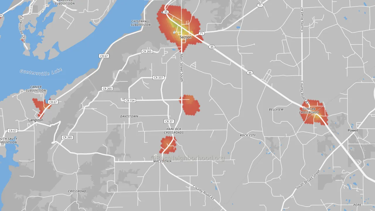 Walk Grade map of 35771, AL, walkable areas in green and car-dependent areas in red