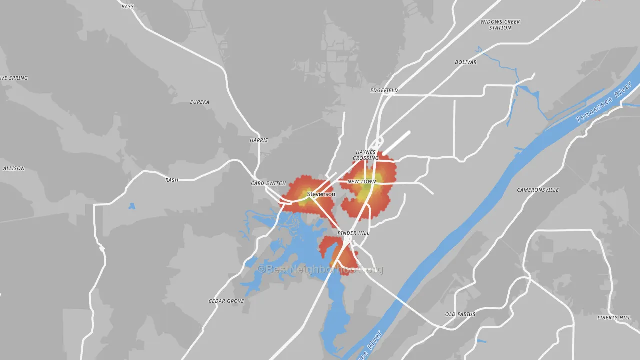 Walk Grade map of 35772, AL, walkable areas in green and car-dependent areas in red