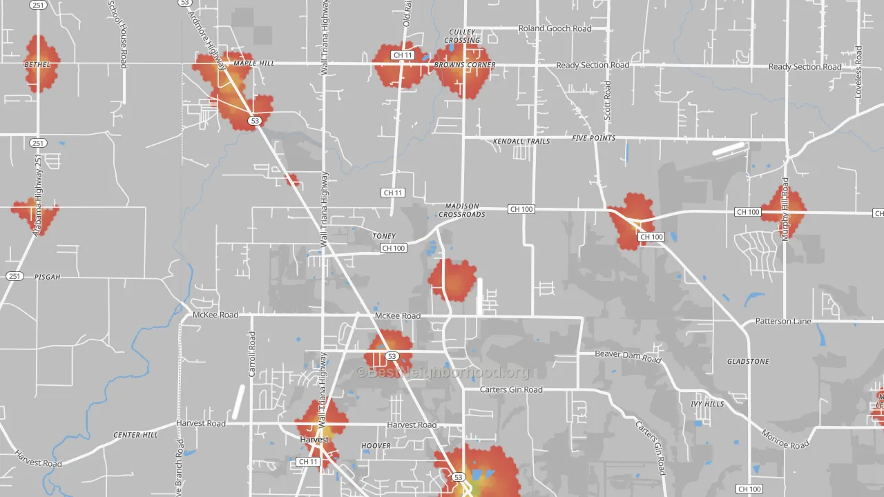Walk Grade map of 35773, AL, walkable areas in green and car-dependent areas in red