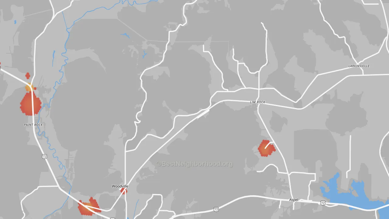 Walk Grade map of 35776, AL, walkable areas in green and car-dependent areas in red