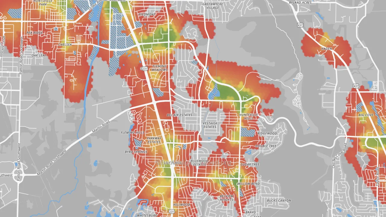 Walk Grade map of 35802, AL, walkable areas in green and car-dependent areas in red