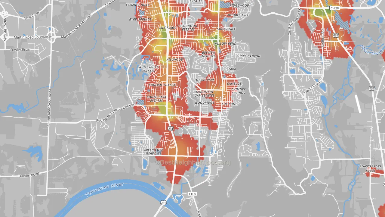 Walk Grade map of 35803, AL, walkable areas in green and car-dependent areas in red