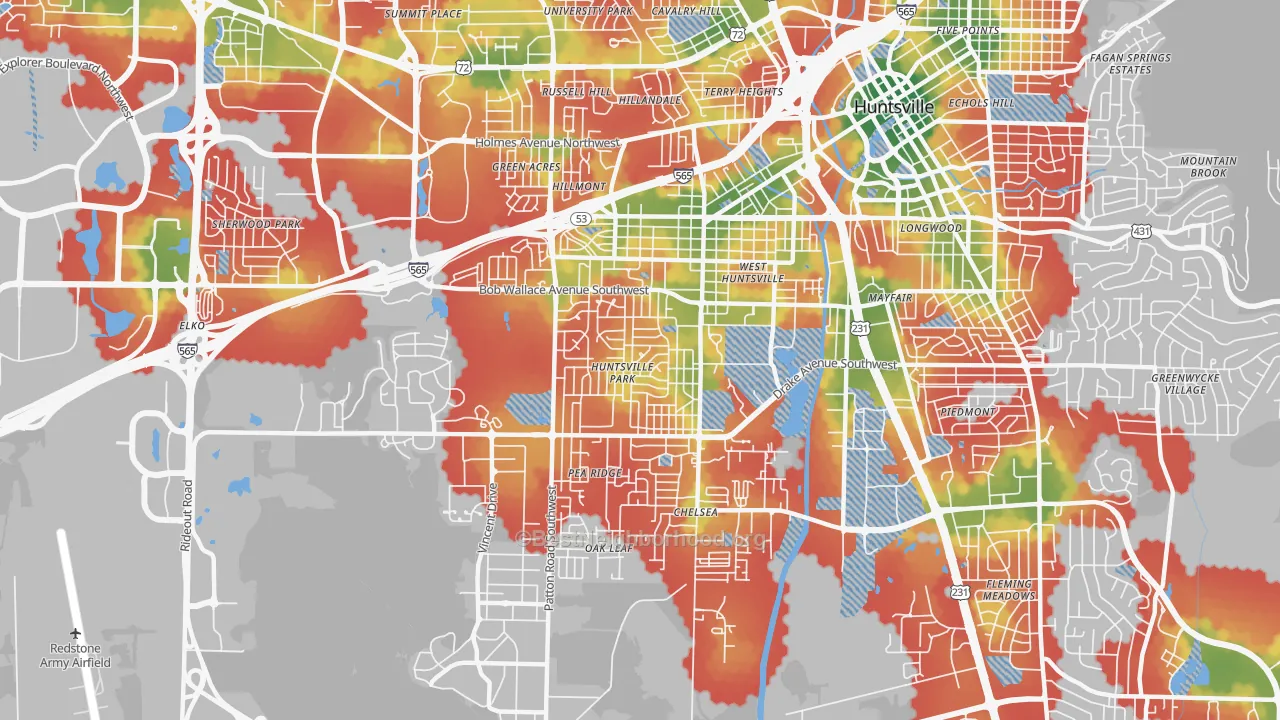 Walk Grade map of 35805, AL, walkable areas in green and car-dependent areas in red