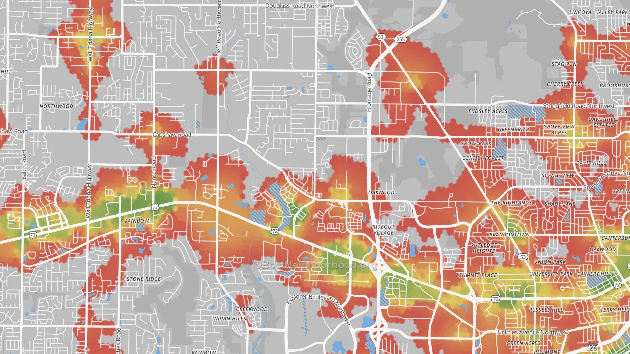 Walk Grade map of 35806, AL, walkable areas in green and car-dependent areas in red