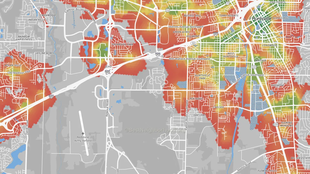 Walk Grade map of 35808, AL, walkable areas in green and car-dependent areas in red