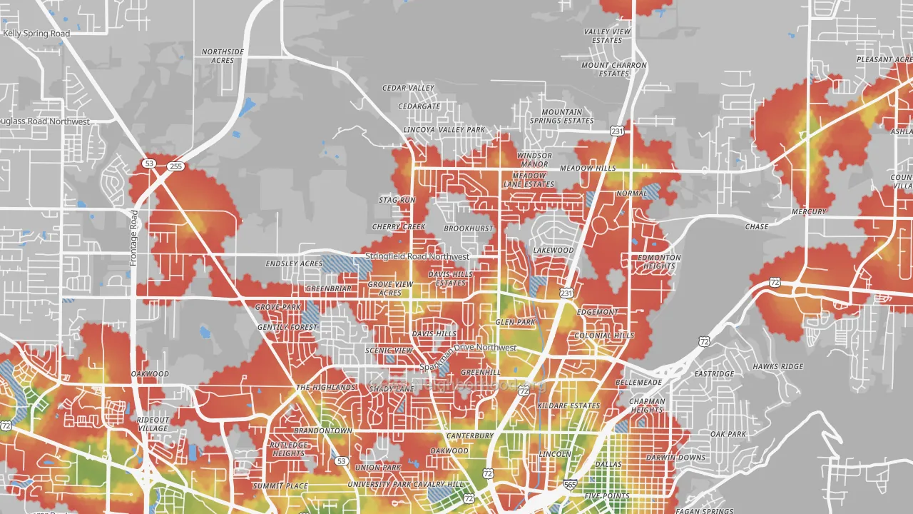 Walk Grade map of 35810, AL, walkable areas in green and car-dependent areas in red