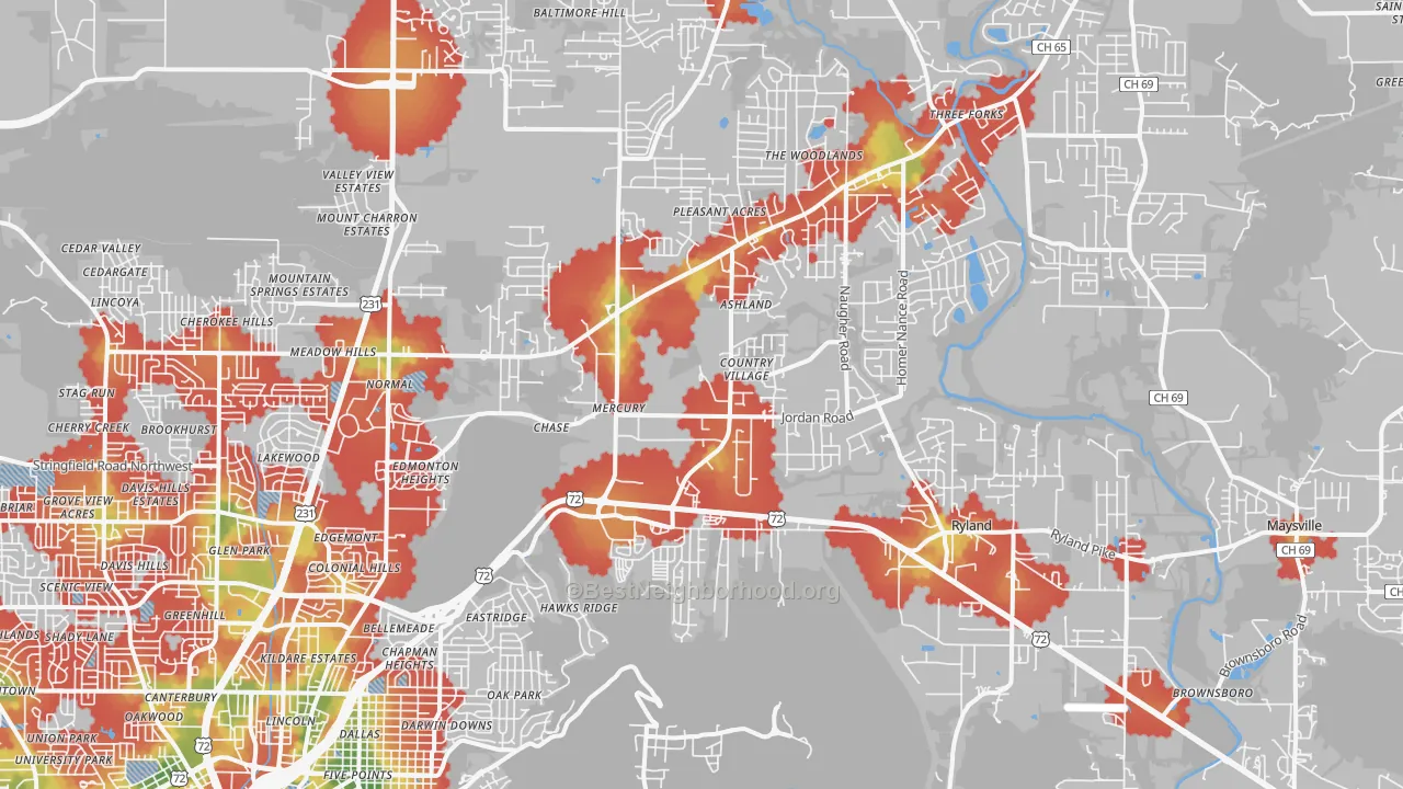 Walk Grade map of 35811, AL, walkable areas in green and car-dependent areas in red
