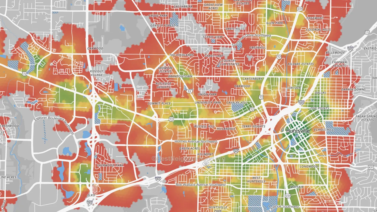 Walk Grade map of 35816, AL, walkable areas in green and car-dependent areas in red