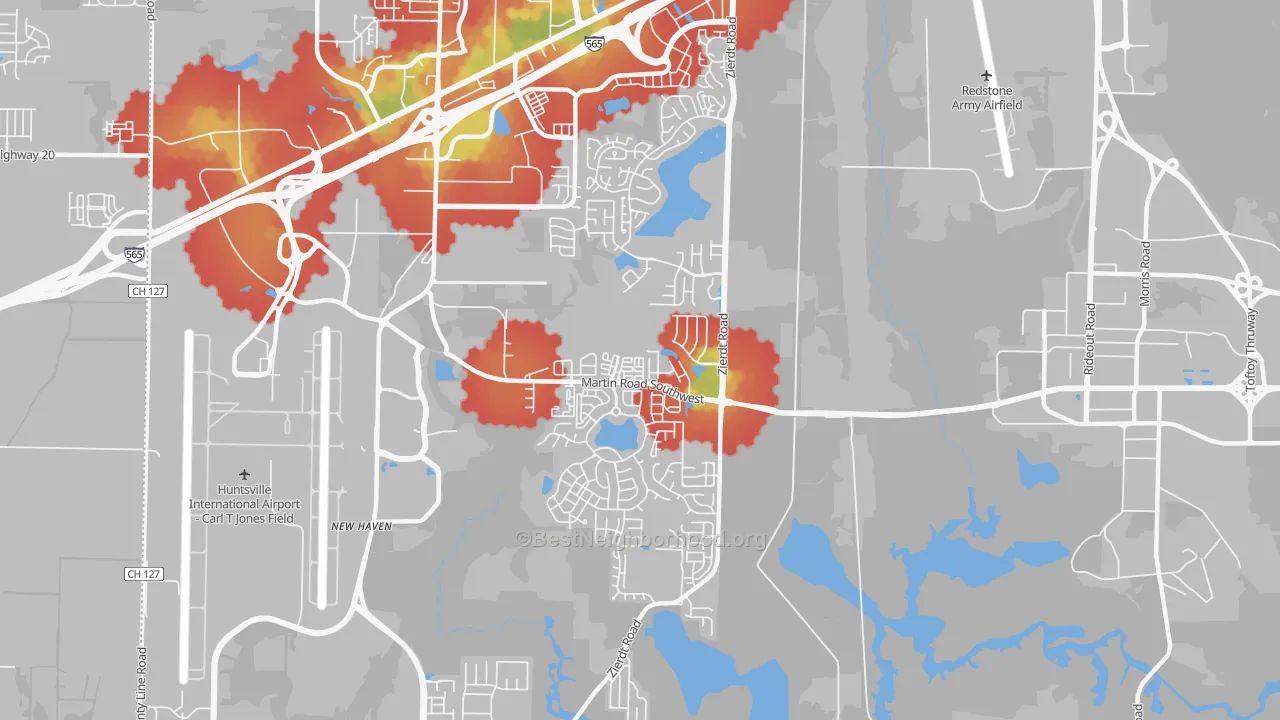 Walk Grade map of 35824, AL, walkable areas in green and car-dependent areas in red