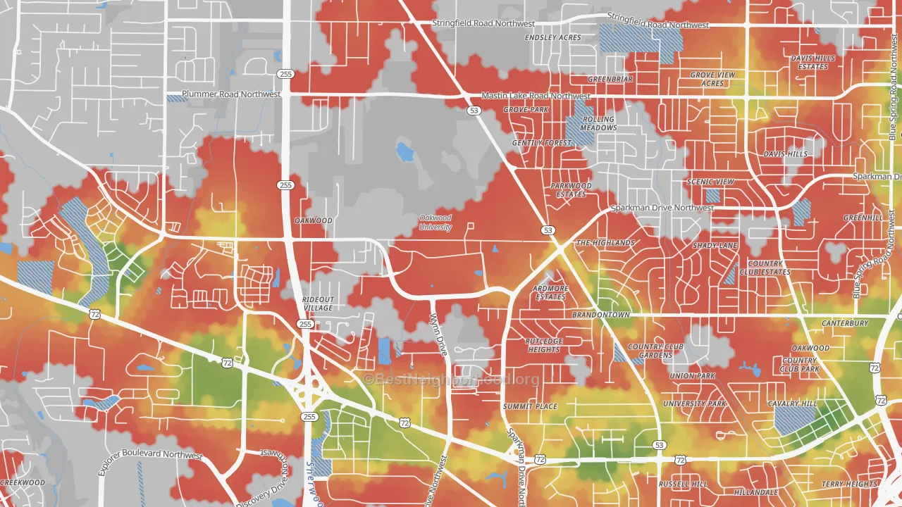 Walk Grade map of 35896, AL, walkable areas in green and car-dependent areas in red
