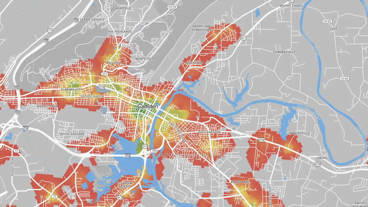 Walk Grade map of 35901, AL, walkable areas in green and car-dependent areas in red