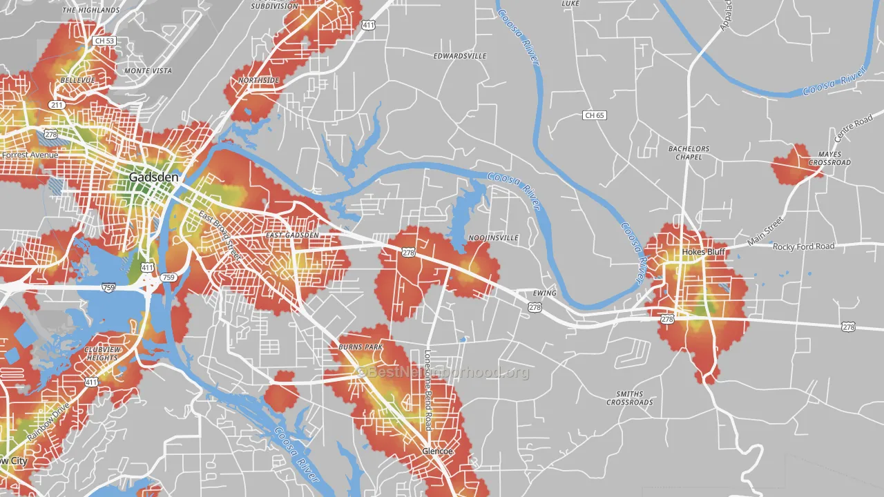 Walk Grade map of 35903, AL, walkable areas in green and car-dependent areas in red