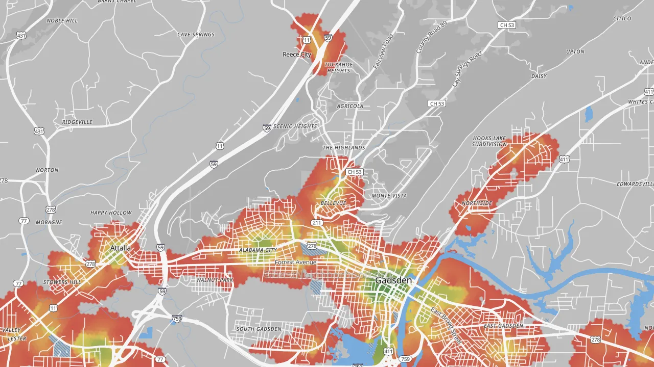 Walk Grade map of 35904, AL, walkable areas in green and car-dependent areas in red