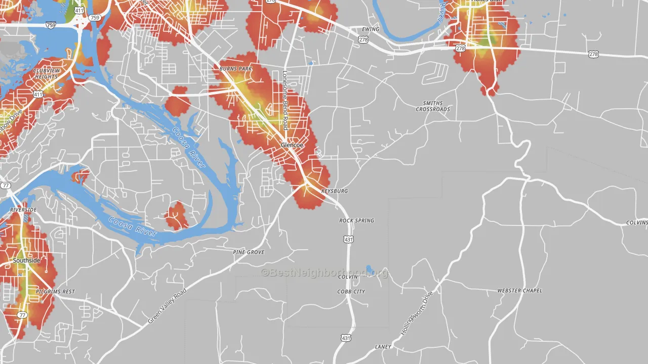 Walk Grade map of 35905, AL, walkable areas in green and car-dependent areas in red