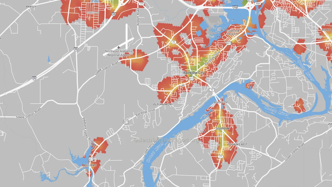 Walk Grade map of 35906, AL, walkable areas in green and car-dependent areas in red