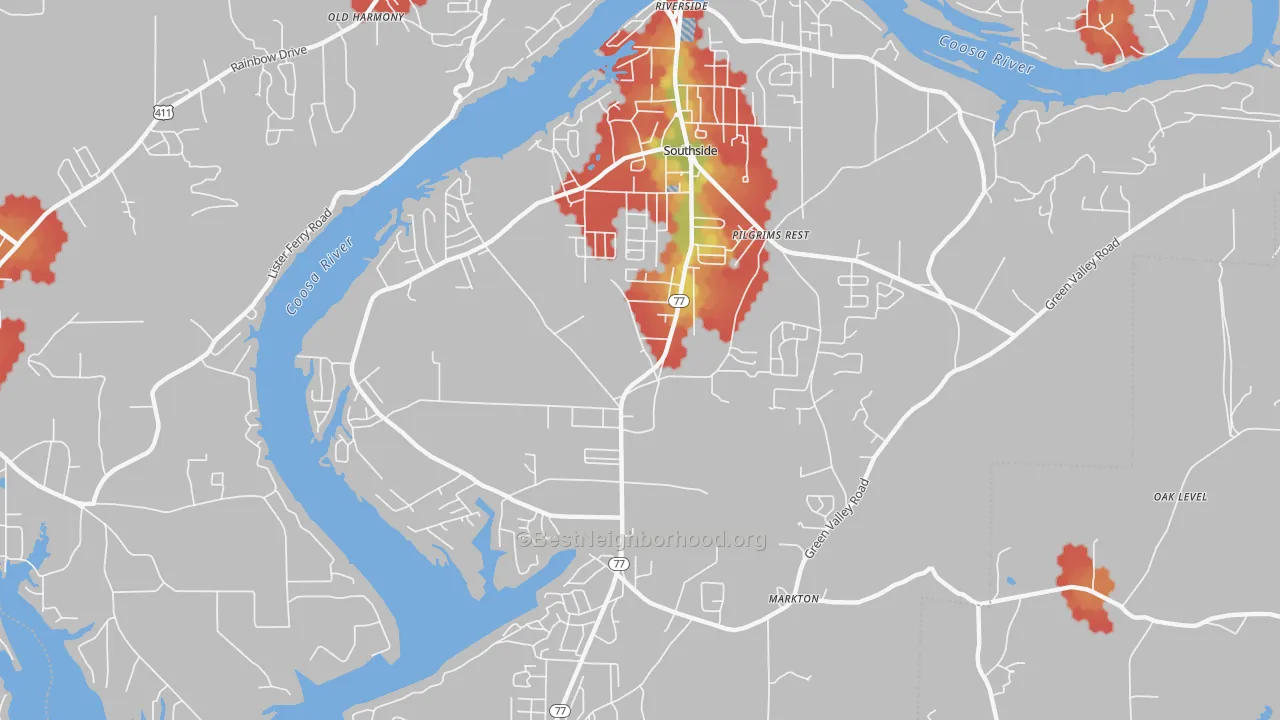 Walk Grade map of 35907, AL, walkable areas in green and car-dependent areas in red