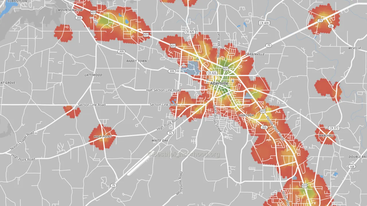 Walk Grade map of 35950, AL, walkable areas in green and car-dependent areas in red
